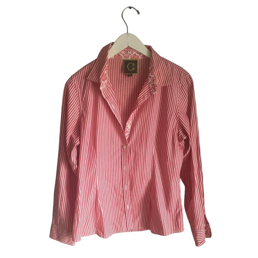 C Wonder Red White Stripe Cotton Button Down Shirt sz Large Preppy Contrast Cuff
